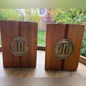 Vintage Brown Wood and Brass Bookends
